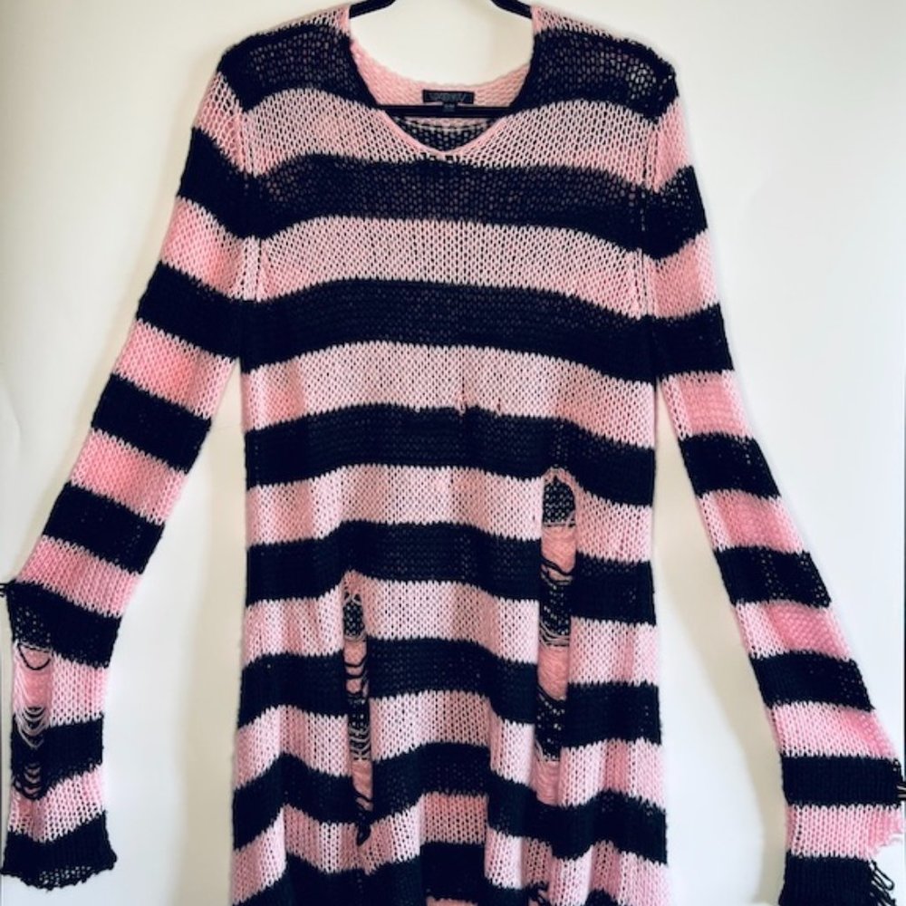 WIDOW Rose Eternal Nightmare Distressed Sweater S/M Pink Black Stripes